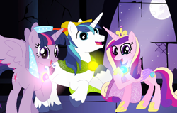 Size: 786x501 | Tagged: safe, artist:disneymarvel96, princess cadance, shining armor, twilight sparkle, twilight sparkle (alicorn), alicorn, pony, unicorn, brooch, cape, clasp, clothes, crown, disney, glow, jewelry, light up, maid marian, moon, musical number, necklace, night, regalia, robin hood, singing, song, sparkling, tiara, veil