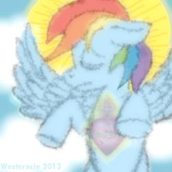 Size: 2000x2000 | Tagged: safe, artist:westernciv, rainbow dash, pegasus, pony, blue coat, female, mare, multicolored mane, religion