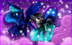 Size: 1265x800 | Tagged: safe, artist:vird-gi, princess luna, oc, alicorn, pony, unicorn, commission, duo, female, floating, flying, glowing horn, hoof shoes, implied shipping, levitation, magic, male, mare, stallion, telekinesis, ych result