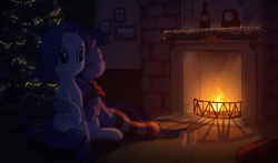 Size: 1784x1048 | Tagged: safe, artist:gign-3208, derpibooru import, rarity, twilight sparkle, pony, unicorn, christmas, christmas tree, clothes, dark, female, fireplace, glass, lesbian, present, rarilight, shipping, sleeping, socks, striped socks, tree