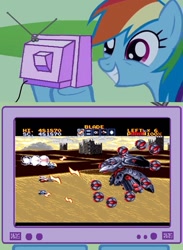 Size: 563x771 | Tagged: safe, rainbow dash, pegasus, pony, exploitable meme, lightening storm, sega, technosoft, thunder force, tv meme