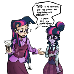 Size: 700x700 | Tagged: safe, artist:theartrix, derpibooru import, sci-twi, twilight sparkle, equestria girls, friendship games, alcohol, food, glasses, humanized, martini, mouthpiece, self abuse, self paradox, sweater vest, twolight