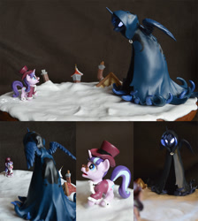 Size: 1166x1303 | Tagged: safe, artist:prototypespacemonkey, princess luna, snowfall frost, starlight glimmer, alicorn, pony, unicorn, a hearth's warming tail, diorama, duo, female, figurine, glowing eyes, mare, miniature, sculpture, spirit of hearth's warming yet to come, traditional art