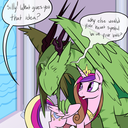 Size: 1280x1280 | Tagged: safe, artist:professor-ponyarity, princess cadance, oc, oc:rye, alicorn, dragon, pony, cheek fluff, confused, dialogue, drunk, ear fluff, eyes closed, feathered dragon, female, fluffy, frown, leg fluff, lovebutt, mare, smiling, speech bubble, spread wings, tumblr comic, wavy mouth, window, wing fluff, wings