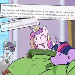 Size: 1280x1280 | Tagged: safe, artist:professor-ponyarity, princess cadance, twilight sparkle, twilight sparkle (alicorn), oc, oc:rye, alicorn, dragon, pony, ask, camera flashes, drunk, tumblr, tumblr comic