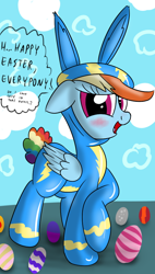 Size: 630x1112 | Tagged: safe, artist:ziemniax, rainbow dash, pegasus, pony, 30 minute art challenge, blushing, bunny costume, clothes, easter, egg, wonderbolts uniform