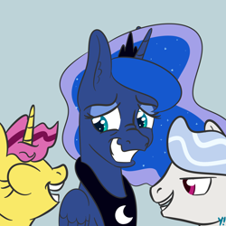 Size: 2000x2000 | Tagged: safe, artist:yakoshi, princess luna, alicorn, pony, unicorn, a royal problem, fake smile, female, grin, male, mare, newbie artist training grounds, nose wrinkle, simple background, smiling, stallion