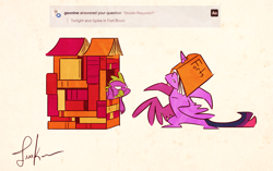 Size: 1979x1239 | Tagged: safe, artist:fluttershythekind, derpibooru import, spike, twilight sparkle, twilight sparkle (alicorn), alicorn, dragon, pony, book, book fort, cute, female, horn, horn impalement, mare, pointy ponies, twiabetes