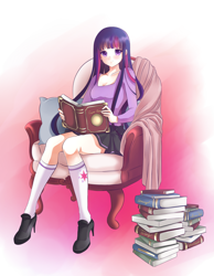 Size: 800x1033 | Tagged: safe, artist:rurutia8, derpibooru import, twilight sparkle, human, anime, book, chair, clothes, cutie mark on clothes, cutie mark stocking, female, humanized, kneesocks, looking at you, sitting, socks, solo