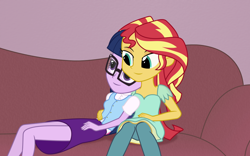 Size: 1200x750 | Tagged: safe, artist:bootsyslickmane, derpibooru import, sci-twi, sunset shimmer, twilight sparkle, fanfic:the shadowbolts adventures, equestria girls, friendship games, alternate costumes, alternate hairstyle, clothes, cuddling, fanfic, fanfic art, female, glasses, lesbian, scitwishimmer, shipping, snuggling, sofa, sunsetsparkle