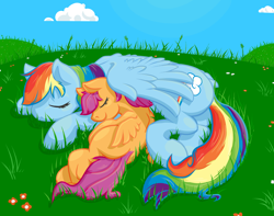 Size: 1650x1300 | Tagged: safe, artist:geomancing, rainbow dash, scootaloo, pegasus, pony, cuddling, duo, female, filly, mare, scootalove, sleeping, snuggling, wing blanket, wings