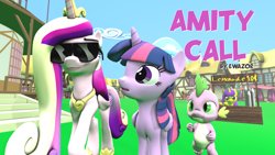 Size: 3840x2160 | Tagged: safe, artist:goatcanon, princess cadance, spike, twilight sparkle, twilight sparkle (alicorn), oc, oc:lemontwist, alicorn, dragon, pony, 3d, amity call, fanfic, fanfic art, source filmmaker, sunglasses