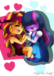 Size: 2507x3541 | Tagged: safe, artist:rainicornarts, artist:rainicornmagic, derpibooru import, sunset shimmer, twilight sparkle, equestria girls, clothes, cosplay, costume, female, lesbian, ruby (steven universe), sapphire (steven universe), shipping, steven universe, sunsetsparkle