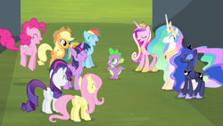 Size: 1266x720 | Tagged: safe, screencap, applejack, fluttershy, pinkie pie, princess cadance, princess celestia, princess luna, rainbow dash, rarity, spike, twilight sparkle, twilight sparkle (alicorn), alicorn, dragon, earth pony, pegasus, pony, unicorn, equestria games (episode), equestria games, jumping, laughing, lidded eyes, mane six, open mouth, princess luna is amused, smiling