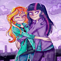 Size: 864x864 | Tagged: safe, artist:lelka-philka, derpibooru import, sunset shimmer, twilight sparkle, human, city, female, hug, humanized, lesbian, shipping, sunsetsparkle