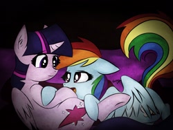 Size: 2048x1536 | Tagged: safe, artist:mylittlelevi64, derpibooru import, rainbow dash, twilight sparkle, twilight sparkle (alicorn), alicorn, pegasus, pony, cuddling, female, lesbian, mare, on back, prone, shipping, snuggling, twidash