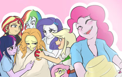 Size: 1422x900 | Tagged: safe, artist:amazingpuffhair, derpibooru import, adagio dazzle, applejack, fluttershy, pinkie pie, rainbow dash, rarity, sunset shimmer, twilight sparkle, twilight sparkle (alicorn), alicorn, equestria girls, apple, food, humane seven