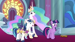 Size: 1280x720 | Tagged: safe, screencap, princess celestia, shining armor, twilight sparkle, twilight sparkle (alicorn), alicorn, pony, unicorn, sparkle's seven, discovery family logo, female, male, mare, shocked, stallion