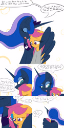 Size: 1600x3200 | Tagged: safe, artist:jake heritagu, princess luna, scootaloo, alicorn, pony, comic:ask motherly scootaloo, comic, dream, dream walker luna, hairpin, motherly scootaloo, sweatshirt