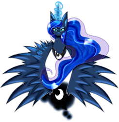 Size: 2778x2838 | Tagged: safe, artist:sonicsonic1, princess luna, alicorn, pony, bust, cutie mark, glowing horn, lidded eyes, simple background, solo, spread wings, transparent background, wings