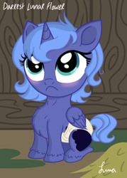 Size: 3445x4823 | Tagged: safe, artist:darkest-lunar-flower, princess luna, alicorn, pony, :<, baby, barn, cute, darkest lunar flower is trying to murder us, diaper, female, filly, fluffy, foal, hay, lunabetes, woona, younger