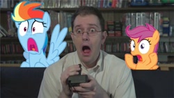 Size: 726x409 | Tagged: safe, rainbow dash, scootaloo, angry video game nerd, irl, photo, ponies in real life, vector