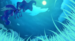 Size: 3840x2100 | Tagged: safe, artist:astralmelodia, princess luna, alicorn, pony, cloud, grass, moon, scenery, sky, solo