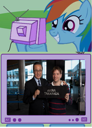 Size: 439x606 | Tagged: safe, rainbow dash, pegasus, pony, akira takarada, exploitable meme, gareth edwards, godzilla (series), godzilla 2014, tv meme