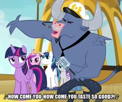Size: 599x500 | Tagged: safe, edit, edited screencap, screencap, iron will, princess cadance, shining armor, twilight sparkle, twilight sparkle (alicorn), twilight velvet, alicorn, pony, unicorn, once upon a zeppelin, airship, brown sugar (song), caption, cropped, image macro, microphone, rolling stones, song reference, text, the rolling stones, zeppelin