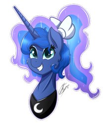 Size: 2171x2564 | Tagged: safe, artist:nexcoyotlgt, princess luna, alicorn, pony, alternate hairstyle, bow, bust, cute, female, grin, hair bow, looking at you, lunabetes, mare, ponytail, portrait, simple background, smiling, solo, transparent background