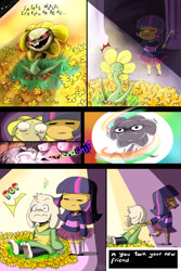 Size: 1024x1536 | Tagged: safe, artist:daughter-of-fantasy, derpibooru import, twilight sparkle, human, :, =~=, asriel dreemurr, comic, crossover, dialogue, dragging, flowey, friendship, frisk, frown, glare, glowing eyes, good end, grin, horn wand, humanized, magic, open mouth, pulling, shivering, smiling, smirk, spoilers for another series, sweat, twilight friskle, undertale, wand, wide eyes