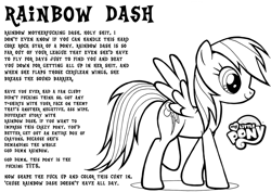 Size: 991x702 | Tagged: safe, artist:tygerbug, rainbow dash, pegasus, pony, coloring page, extreme, my little pony logo, vulgar