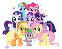 Size: 8652x6925 | Tagged: safe, artist:meganlovesangrybirds, derpibooru import, applejack, fluttershy, pinkie pie, rainbow dash, rarity, spike, starlight glimmer, twilight sparkle, twilight sparkle (alicorn), alicorn, dragon, earth pony, pegasus, pony, unicorn, the cutie re-mark, absurd resolution, c:, female, grin, looking at you, mane seven, mane six, mare, simple background, smiling, sparkles, transparent background, vector