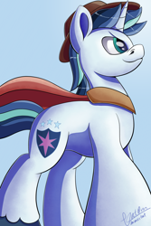 Size: 2000x3000 | Tagged: safe, artist:theunconsistentone, shining armor, pony, unicorn, cape, clothes, hat, simple background