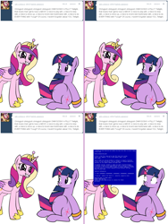 Size: 1204x1604 | Tagged: safe, artist:dekomaru, princess cadance, twilight sparkle, alicorn, pony, ask, belly button, blue screen of death, blue screen of death by overexcitement, cadance.exe has stopped working, pregnant, smiling, tumblr, tumblr:ask twixie, wide eyes