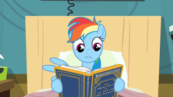 Size: 1920x1080 | Tagged: safe, edit, edited screencap, screencap, rainbow dash, pegasus, pony, read it and weep, bed, bioshock infinite, book, hospital bed, quantum mechanics, reading rainbow, rosalind lutece, solo