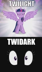 Size: 683x1168 | Tagged: safe, derpibooru import, twilight sparkle, twilight sparkle (alicorn), alicorn, pony, magical mystery cure, party pooped, comparison, dark, eye, eyes, eyes closed, female, glowing eyes, i regret nothing, looking at you, mare, meme, name pun, panel, pun, spread wings, twidark sparkle, wide eyes
