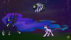 Size: 1600x900 | Tagged: safe, artist:cosmalumi, nightmare moon, twilight sparkle, oc, pony