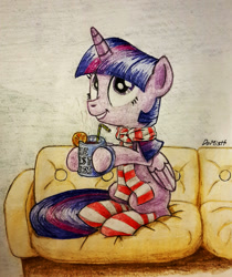 Size: 2252x2680 | Tagged: safe, artist:modecom1, derpibooru import, twilight sparkle, twilight sparkle (alicorn), alicorn, pony, clothes, female, mare, missing cutie mark, mulled wine, scarf, socks, sofa, solo, striped socks, traditional art