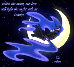 Size: 1150x1050 | Tagged: safe, artist:cosmalumi, nightmare moon, alicorn, pony, blushing, hearts and hooves, holiday, moon, smiling, solo, tangible heavenly object, tumblr:ask queen moon, valentine, valentine's day