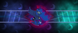 Size: 2560x1080 | Tagged: safe, artist:laszlvfx, artist:pantera000, edit, princess luna, alicorn, pony, female, looking at you, mare, raised hoof, smiling, solo, vector, wallpaper, wallpaper edit