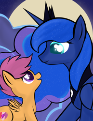Size: 2550x3300 | Tagged: safe, artist:skyflys, princess luna, scootaloo, alicorn, pegasus, pony, cloud, cloudy, colored pupils, cute, cutealoo, duo, female, filly, looking at each other, mare, moon, night
