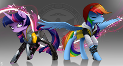 Size: 3435x1835 | Tagged: safe, artist:supermare, derpibooru import, rainbow dash, twilight sparkle, pegasus, pony, abigail "fetch" walker, crossover, delsin rowe, department of unified protection, infamous second son, spread wings