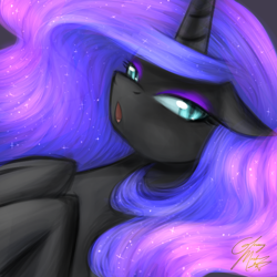 Size: 750x750 | Tagged: safe, artist:cosmalumi, nightmare moon, alicorn, pony, lidded eyes, open mouth, solo, tumblr:ask queen moon