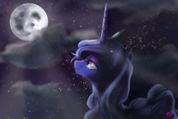 Size: 1080x720 | Tagged: safe, artist:candasaurus, princess luna, alicorn, pony, cloud, full moon, lidded eyes, moon, night, solo, space, stars