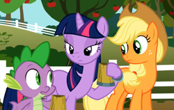 Size: 877x556 | Tagged: safe, derpibooru import, screencap, applejack, spike, twilight sparkle, dragon, earth pony, pony, the super speedy cider squeezy 6000