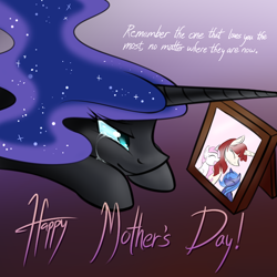 Size: 750x750 | Tagged: safe, artist:cosmalumi, nightmare moon, princess celestia, princess luna, oc, oc:fausticorn, alicorn, pony, cewestia, crying, cute, filly, mother's day, prone, solo, tumblr:ask queen moon, woona