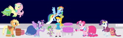 Size: 5851x1830 | Tagged: safe, artist:04startyonlinebc88, derpibooru import, applejack, fluttershy, pinkie pie, rainbow dash, rarity, spike, twilight sparkle, twilight sparkle (alicorn), alicorn, dragon, earth pony, pegasus, pony, unicorn, the best night ever, clothes, dress, female, fiona, gala dress, kidvskat, mare, my little pony