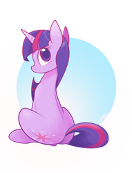 Size: 1300x1699 | Tagged: safe, artist:b-epon, derpibooru import, twilight sparkle, pony, unicorn, back, cute, female, looking at you, looking back, mare, plot, sitting, solo, twiabetes, twibutt