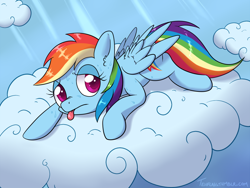 Size: 1000x750 | Tagged: safe, artist:tehflah, rainbow dash, pegasus, pony, cloud, on a cloud, solo, sweat, tired, tongue out